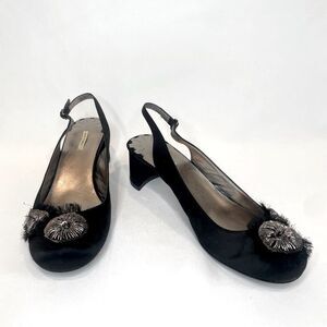 Max Studio Women's Black Satin Feather Metallic Slingback Heels Size 7.5